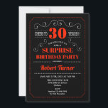 Invitation du 30e anniversaire surprise - Rouge no<br><div class="desc">30e invitation à fêtes d'anniversaire surprise pour hommes ou femmes. Elégant design rétro noir,  blanc,  rouge avec motif de tableau noir et police de script de typographie. Bravo à 30 ans ! Peut être customisé à n'importe quel âge.</div>