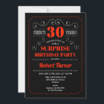 Invitation du 30e anniversaire surprise - Rouge no<br><div class="desc">30e invitation à fêtes d'anniversaire surprise pour hommes ou femmes. Elégant design rétro noir,  blanc,  rouge avec motif de tableau noir et police de script de typographie. Bravo à 30 ans ! Peut être customisé à n'importe quel âge.</div>