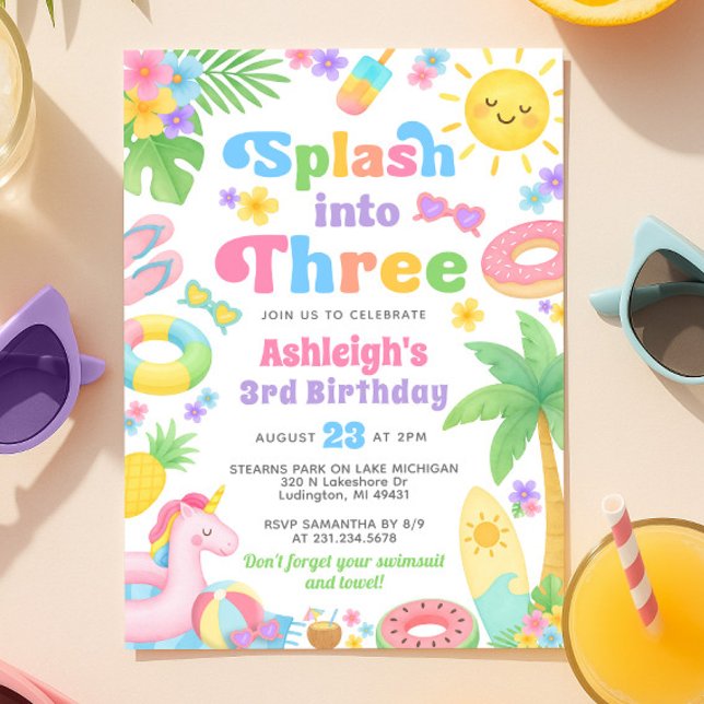 Invitation du 3e anniversaire d'été - Splash in Th (Summer 3rd Birthday Invitation - Splash into Three)
