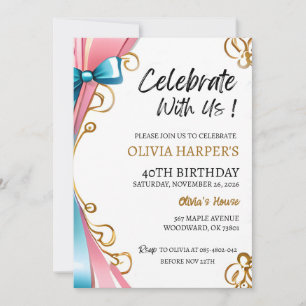 Invitation du 40e anniversaire avec rubans rose et