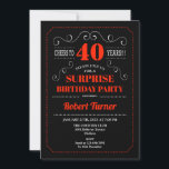 Invitation du 40e anniversaire surprise - Rouge no<br><div class="desc">Surprise 40e anniversaire invitation pour les hommes de femmes. Elégant tableau rétro,  noir blanc et rouge design. Fonctionne police de script de typographie. Bravo à 40 ans ! Peut être customisé à n'importe quel âge. Idéal pour une célébration de surprise anniversaire adulte élégante.</div>