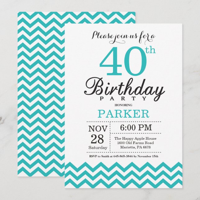Invitation du 40e anniversaire Turquoise Chevron (Devant / Derrière)