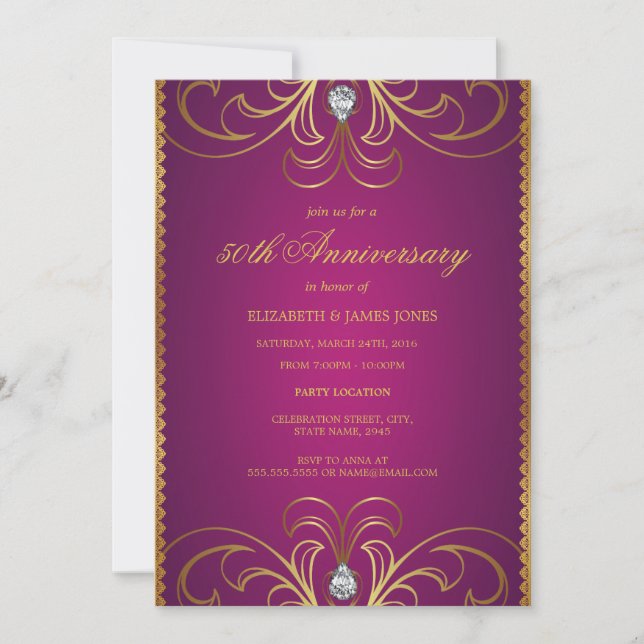 Invitation du 50e anniversaire du Mariage rose et  (Devant)
