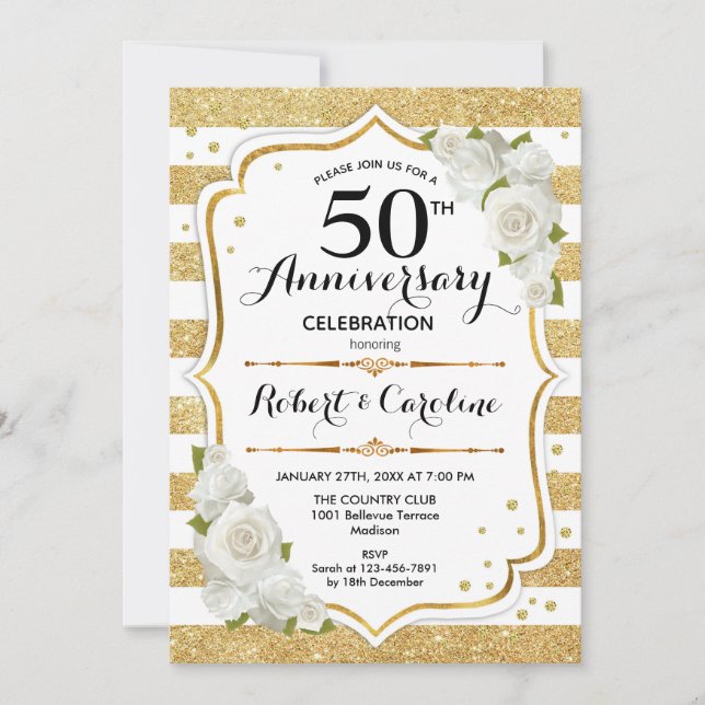 Invitation du 50e anniversaire - Roses blanches d' (Devant)