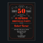 Invitation du 50e anniversaire surprise - Rouge no<br><div class="desc">Surprise 50th Birthday Invitation Elégant design noir rouge et blanc rétro. Salut à 50 ans !</div>