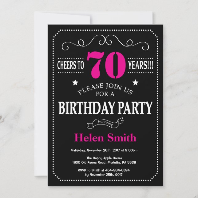 Invitation du 70e anniversaire Chalet noir rose ch (Devant)