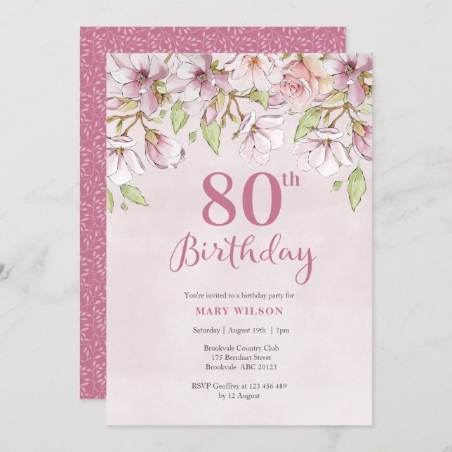 Invitation du 80e anniversaire Pink Floral (Devant / Derrière)