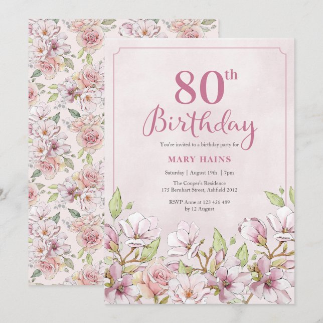 Invitation du 80e anniversaire Pink Floral (Devant / Derrière)