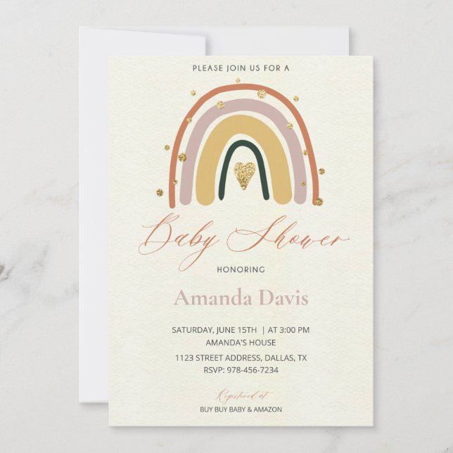 Invitation du Baby shower Arc-en-ciel Golden Boho (Devant)