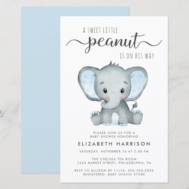 Invitation du Baby shower bleu éléphant budgétaire (Devant / Derrière)