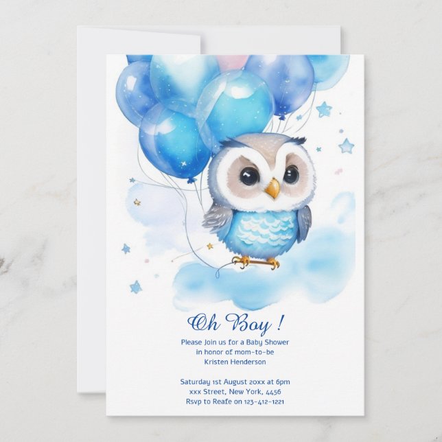 Invitation du Baby shower Boy Owl Watercolor (Devant)