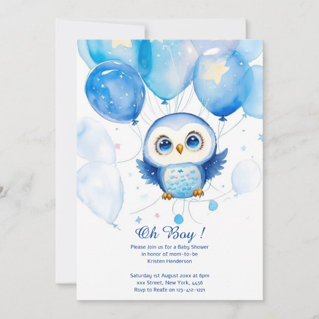 Invitation du Baby shower Boy Owl Watercolor (Devant)