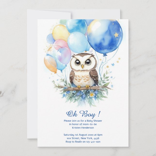 Invitation du Baby shower Boy Owl Watercolor (Devant)