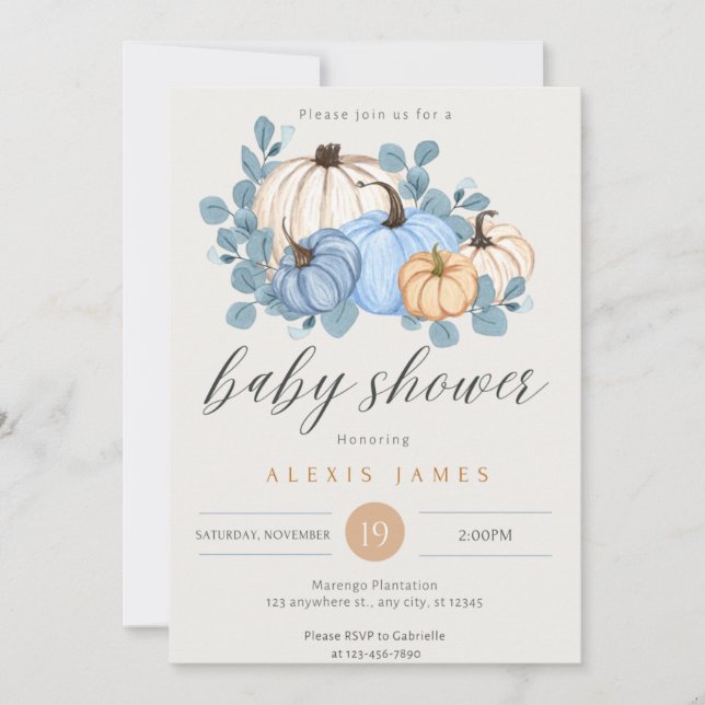 Invitation du Baby shower Citrouille Bleu Automne (Devant)