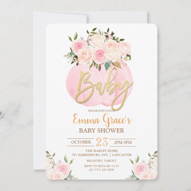 Invitation du Baby shower Citrouille floral (Devant)