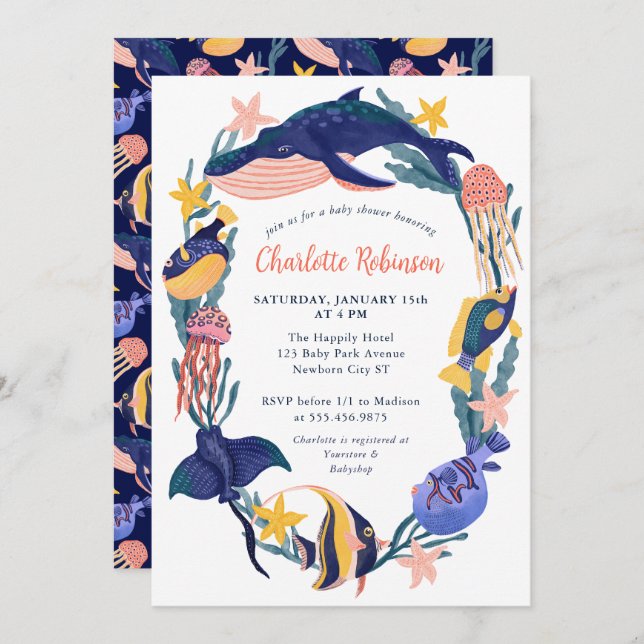 Invitation du Baby shower d'animaux de l'océan mar (Devant / Derrière)