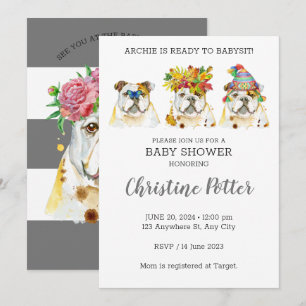 Invitation du Baby shower d'aquarelle Bulldog angl