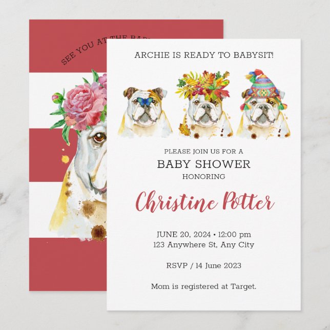 Invitation du Baby shower d'aquarelle Bulldog angl (Devant / Derrière)