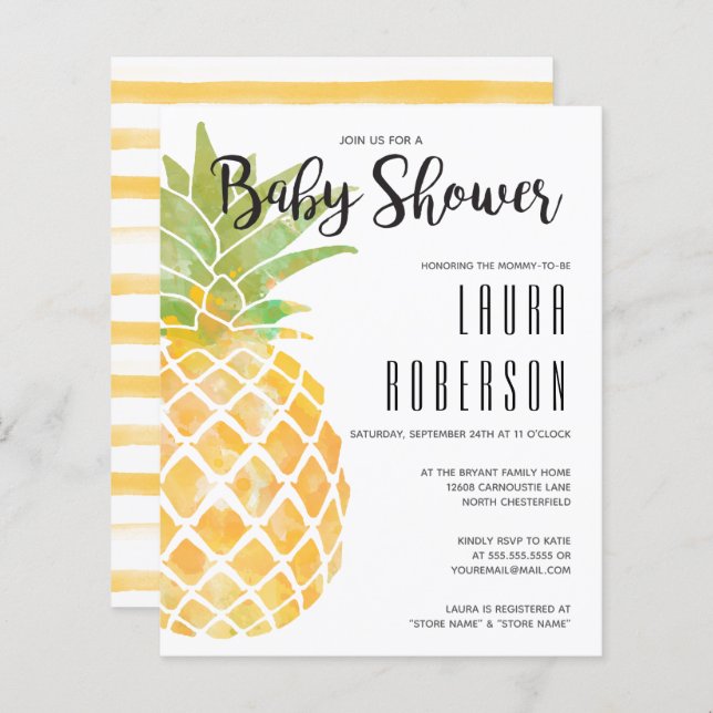 Invitation du Baby shower d'aquarelle d'ananas bud (Devant / Derrière)