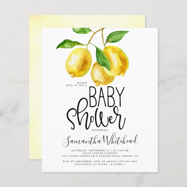 Invitation du Baby shower d'aquarelle de citron bu (Devant / Derrière)