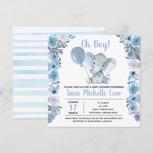 Invitation du Baby shower d'aquarelle éléphant (Devant / Derrière)