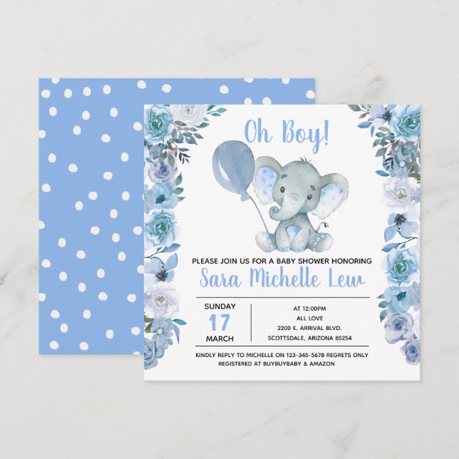 Invitation du Baby shower d'aquarelle éléphant du  (Devant / Derrière)