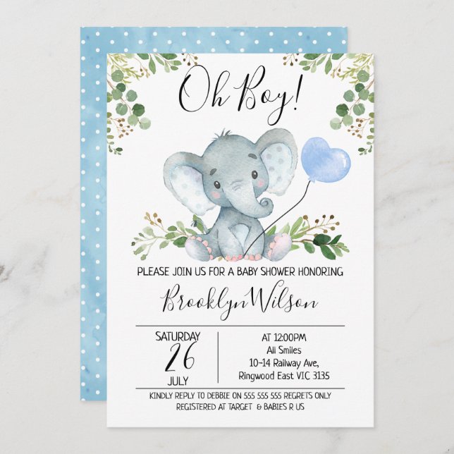 Invitation du Baby shower d'aquarelle éléphant du  (Devant / Derrière)