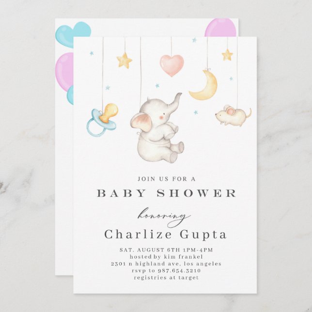 Invitation du Baby shower d'aquarelle éléphant du  (Devant / Derrière)