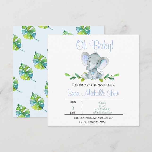 Invitation du Baby shower d'aquarelle éléphant du  (Devant / Derrière)