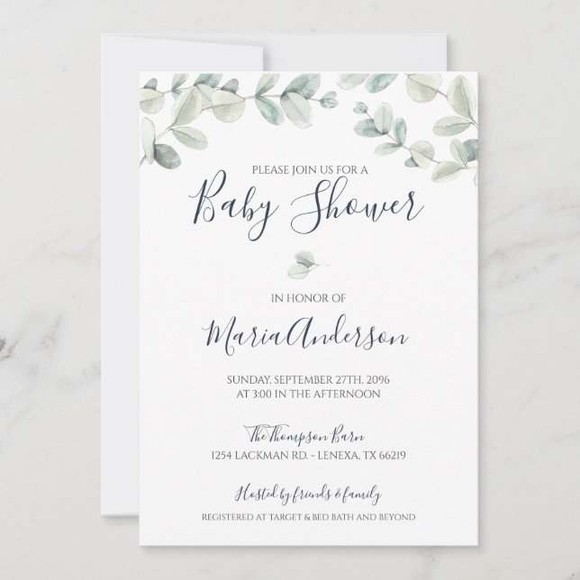 Invitation du Baby shower d'aquarelle Eucalyptus (Devant)