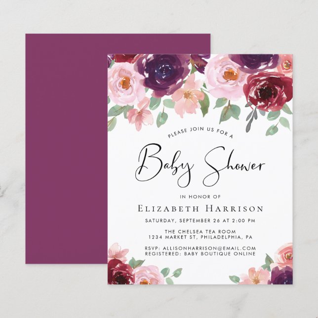 Invitation du Baby shower d'aquarelle florale budg (Devant / Derrière)