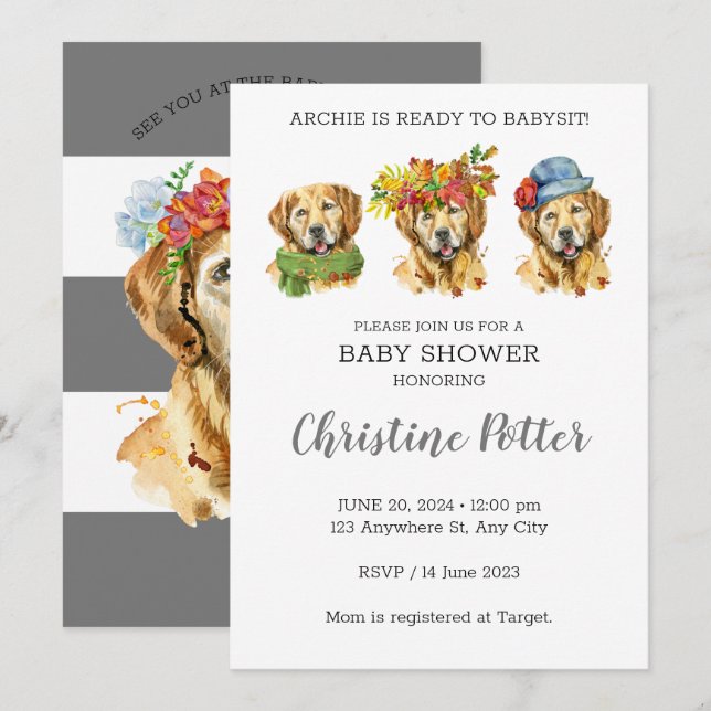 Invitation du Baby shower d'aquarelle Golden Retri (Devant / Derrière)