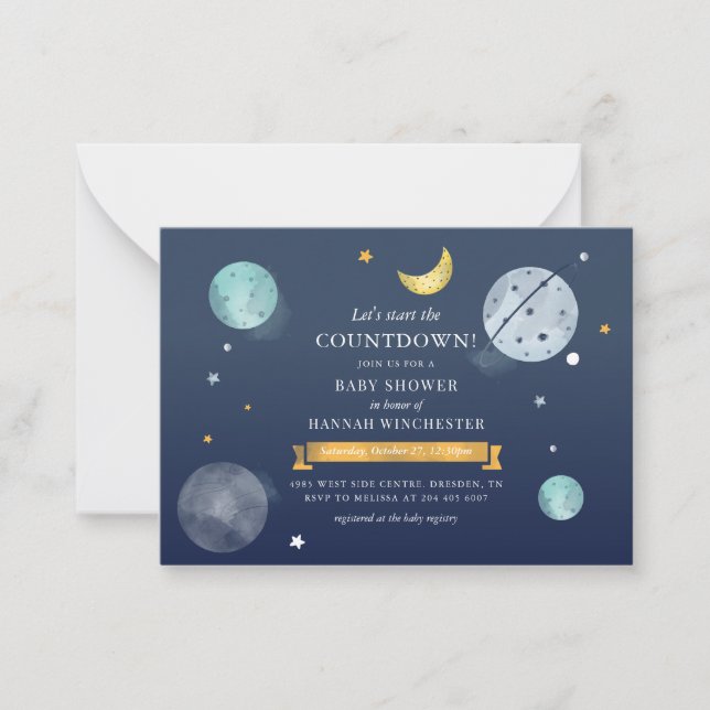 Invitation du Baby shower d'aquarelle spatiale (Devant)