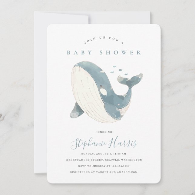 Invitation du Baby shower de baleine mignonne (Devant)