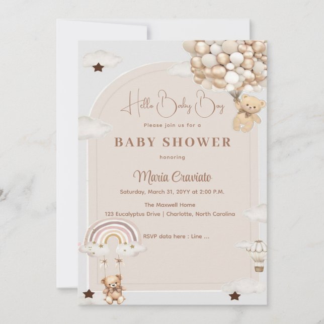 Invitation du Baby shower de ballon Teddy (Devant)