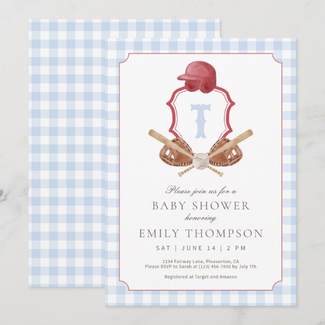 Invitation du Baby shower de baseball Preppy (Devant / Derrière)