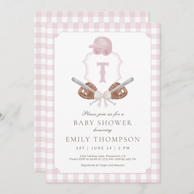 Invitation du Baby shower de baseball rose Preppy (Devant / Derrière)