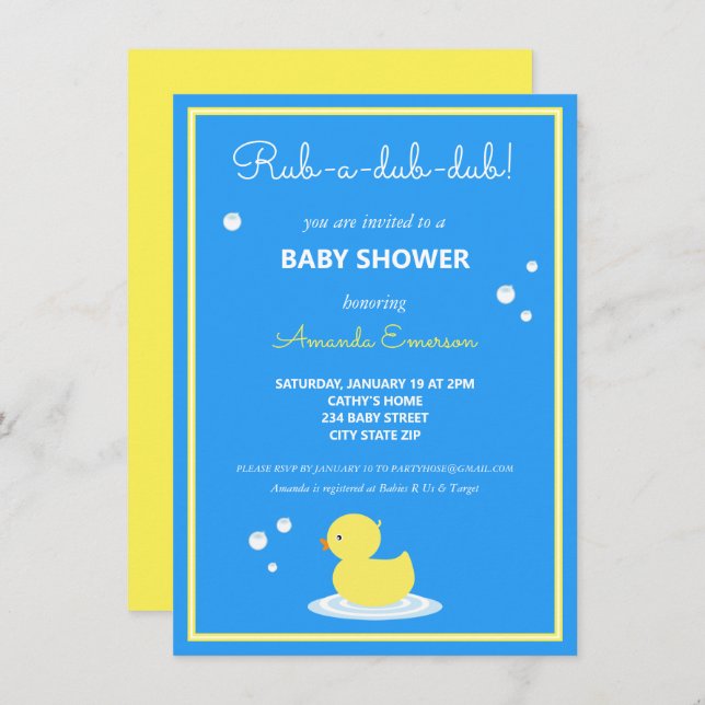 Invitation du Baby shower de canard en caoutchouc  (Devant / Derrière)
