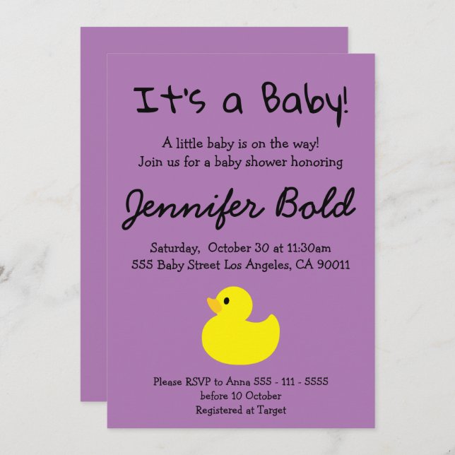Invitation du Baby shower de canard jaune (Devant / Derrière)