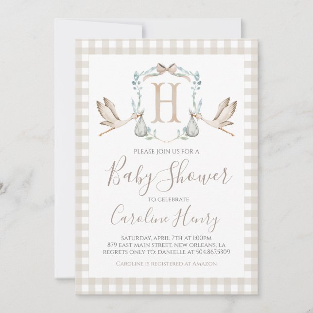Invitation du Baby shower de cigogne sud Preppy (Devant)
