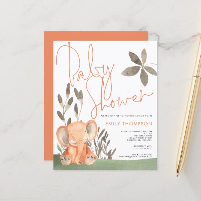 Invitation du Baby shower de corail éléphant budgé (Devant/Arrière en situation)