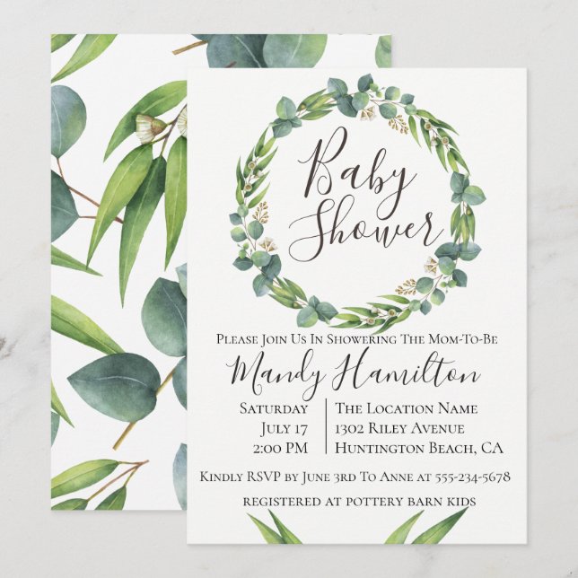 Invitation du Baby shower de couronne d'eucalyptus (Devant / Derrière)