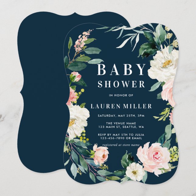 Invitation du Baby shower de couronne florale Blus (Devant / Derrière)