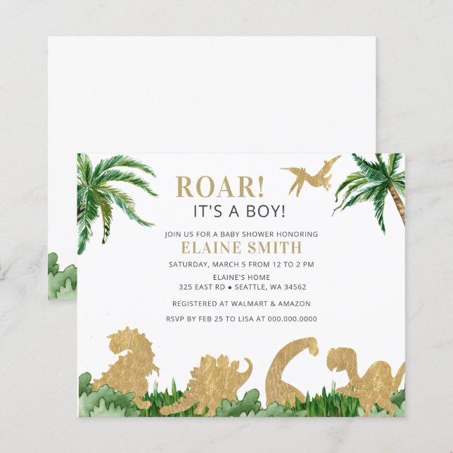 Invitation du Baby shower de Dinosaure Roar Budget (Devant / Derrière)