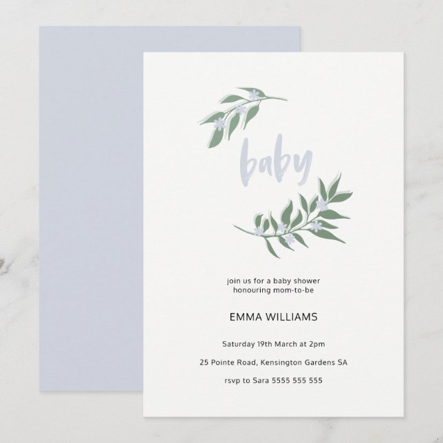 Invitation du Baby shower de germes floraux | Bleu (Devant / Derrière)
