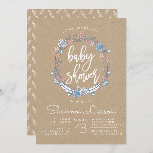Invitation du Baby shower de germes floraux Boho (Devant / Derrière)