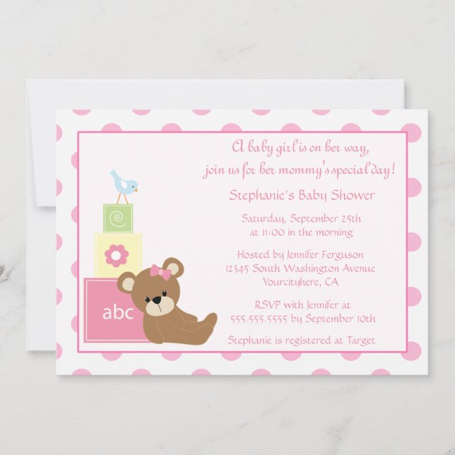 Invitation du baby shower de la fille d'ours et (Devant)