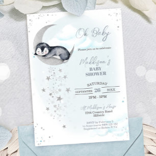 Invitation du Baby shower de la lune de pingouin