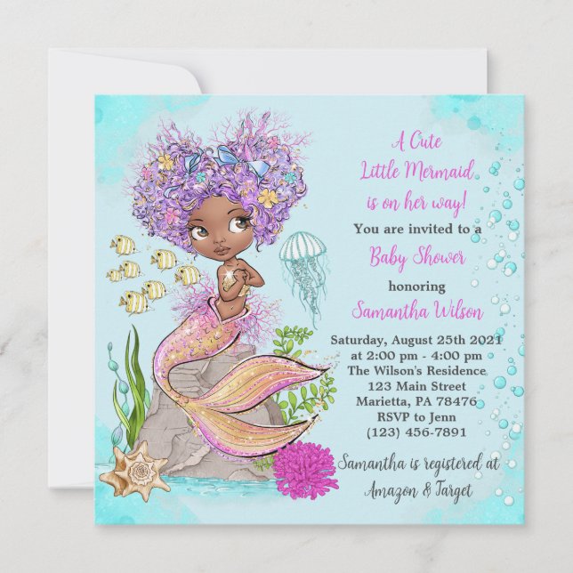 Invitation du Baby shower de la petite sirène afri (Devant)