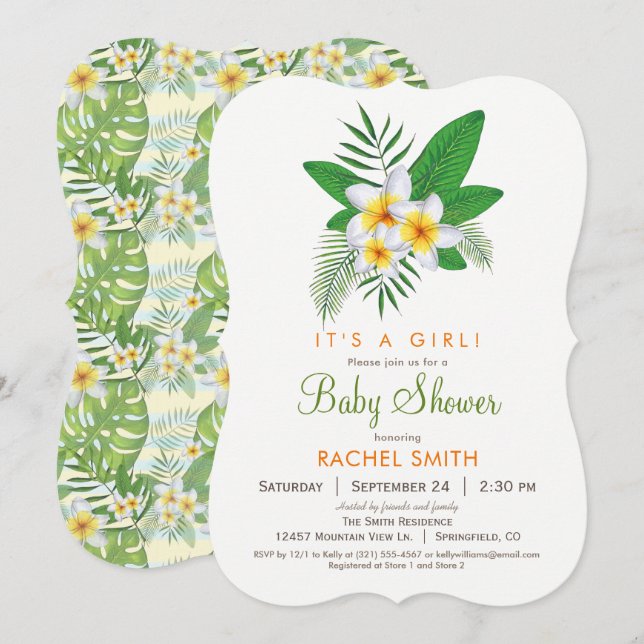Invitation du Baby shower de la Plumeria tropicale (Devant / Derrière)